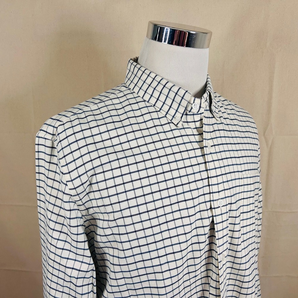 J Crew XL Mercantile Flex Button Down Shirt Ivory Blue Windowpane Check Mens